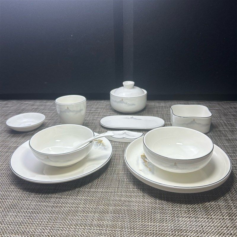 高档陶瓷摆台套装火锅中餐专用饭碗骨碟茶杯炖盅勺商用餐具毛巾碟