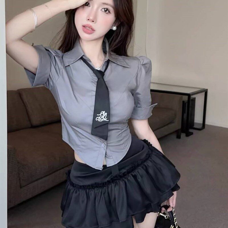 夏季2024新款小个子制服套装裙学院风衬衫上衣美式蓬蓬裙两件套装
