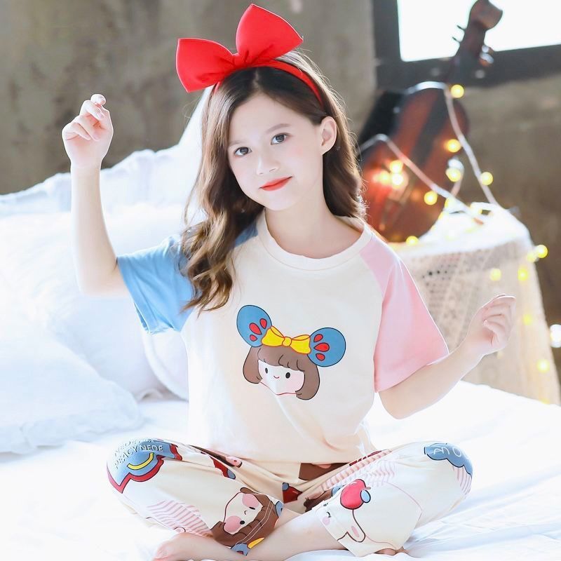 儿童睡衣纯棉短袖长裤薄款公主风女孩套装可爱女童夏装大童家居服