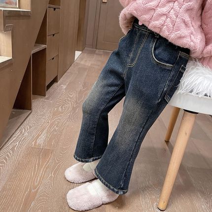 女童喇叭裤牛仔裤秋冬款2024新款冬季儿童修身女宝宝加绒加厚裤子