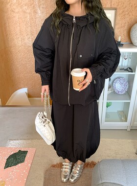 NAZ那子大码春季新款高级感休闲连帽外套胖mm时尚女半身裙两件套