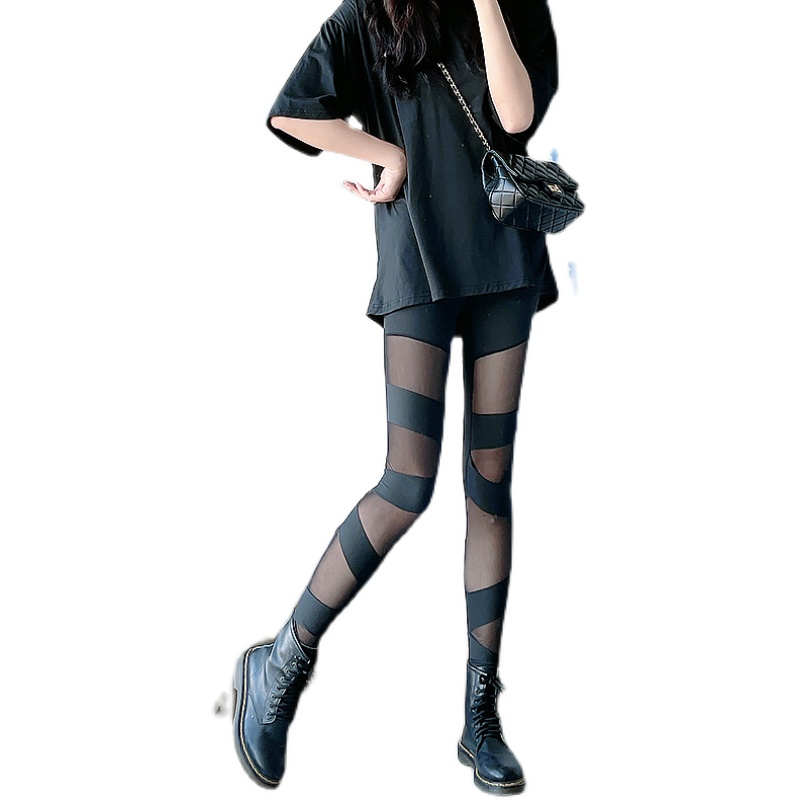 黑色打底裤女外穿春秋款薄款网纱拼接个性九分高腰紧身显瘦小黑裤