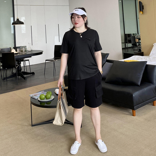 短裤 工装 2021夏装 新款 子 大码 胖妹妹mm橡筋腰显瘦直筒五分中裤 女装