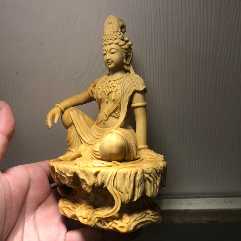 小叶黄杨木雕中式禅意自在观音菩萨人物佛像摆件家居客厅供奉装饰