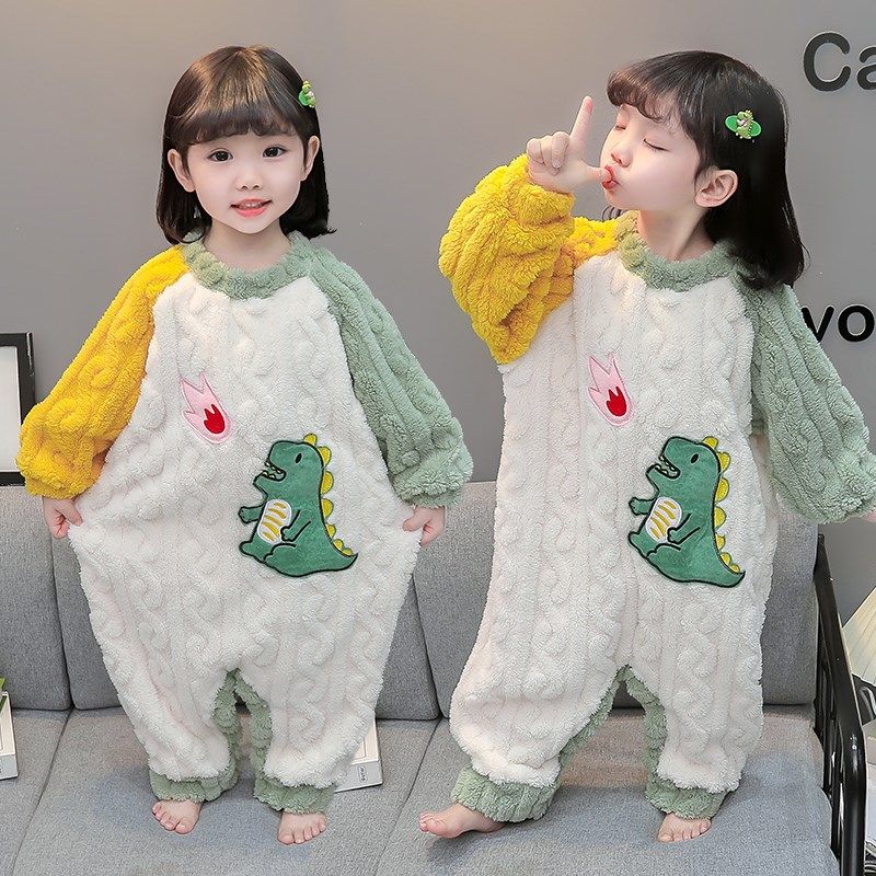 儿童连体睡衣珊瑚绒女宝宝冬季加绒加厚法兰绒爬服卡通婴幼儿睡袋