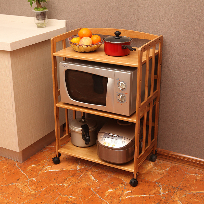 可移动带轮 厨房置物架微波炉架烤箱架落地2层3层4层实木竹锅架子