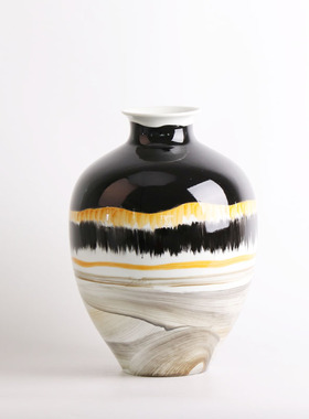 新中式陶瓷花瓶摆件金属窑变色客厅玄关电视酒柜装饰品样板间摆设