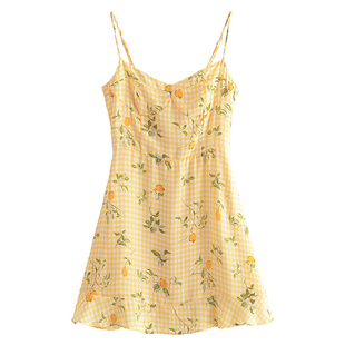 【包邮】法式复古黄色柠檬碎花收腰显瘦荷叶边吊带连衣裙度假短裙