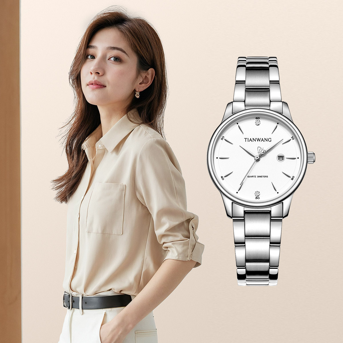 天王正品简约通勤带日历女士手表