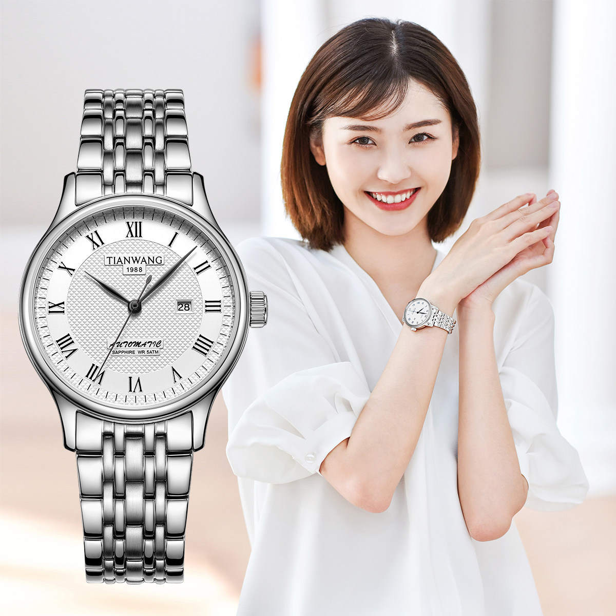 天王韵动系列经典通勤腕表正品女士手表钢带情侣自动机械表51202