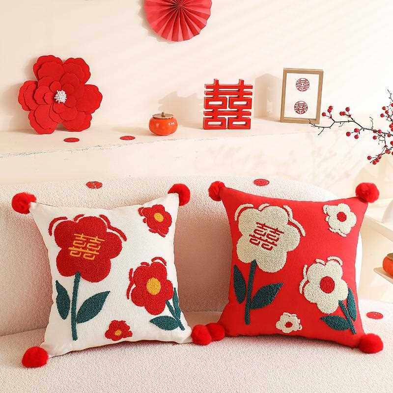 直销新款新款婚庆用品婚房装饰客厅沙发一对红色花朵靠枕结婚礼物,居家布艺,抱枕被,淘宝优惠券,粉丝福利购,淘宝优惠卷