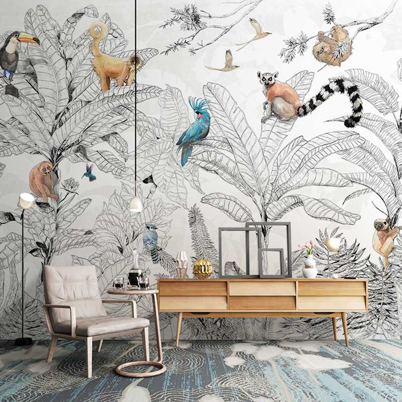 新款直销法式轻奢热带雨林壁布动植物壁纸黑白色线条艺术壁画客厅