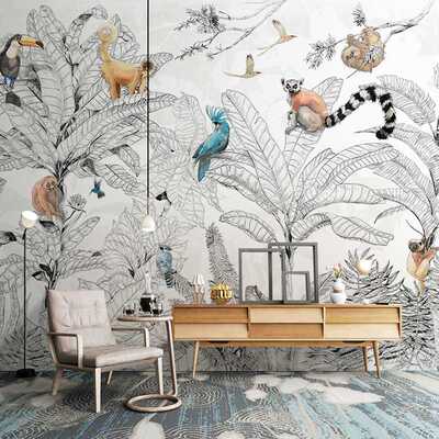 新款直销法式轻奢热带雨林壁布动植物壁纸黑白色线条艺术壁画客厅
