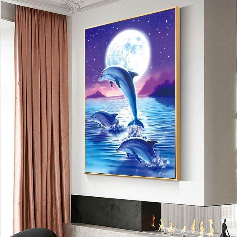 新款直销跨境钻石画海豚跃起贴钻十字绣 外贸小幅手工砖石绣