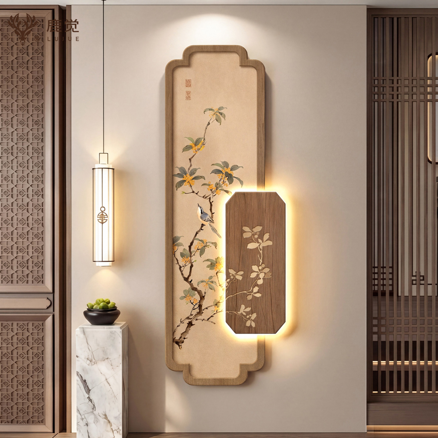 宋氏美学花卉玄关挂画高级感花鸟画入户走廊壁画喜上眉梢竖版灯画图片