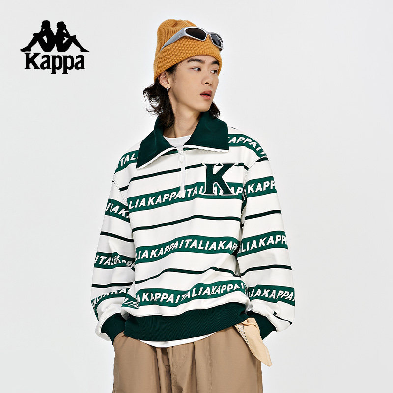 Kappa卡帕背靠背套头衫新款男女秋撞色条纹运动卫衣休闲翻领长袖