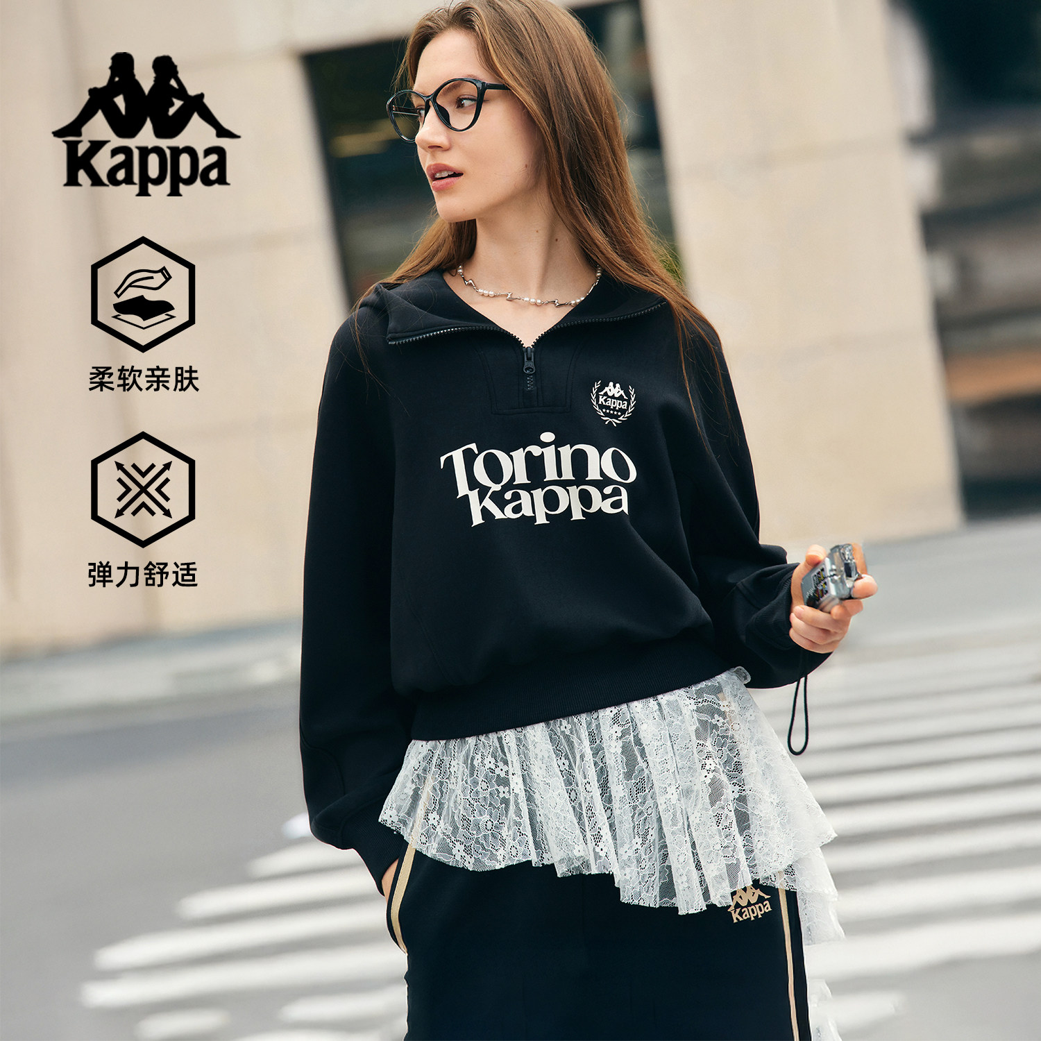 Kappa卡帕背靠背运动卫衣女秋季新品短款收腰空气层连帽上衣女款