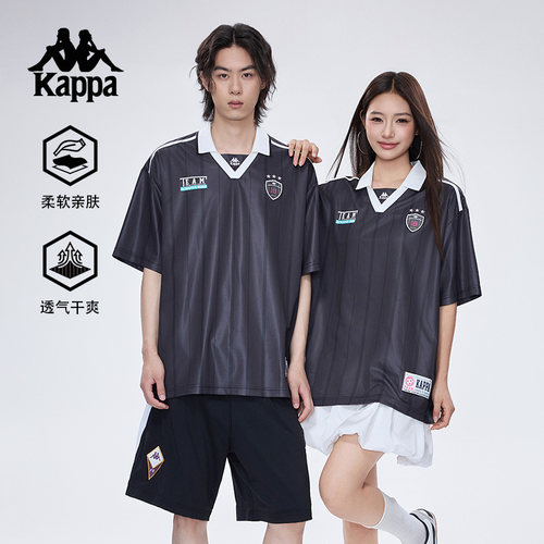 Kappa卡帕背靠背2025新款夏季情侣运动短袖polo衫足球t恤V领上衣