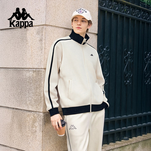 Kappa卡帕背靠背运动外套华夫格秋季新款复古条纹老钱风男女开衫
