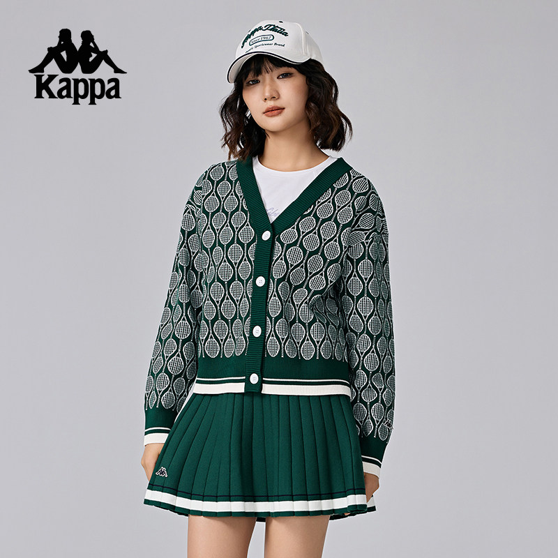 Kappa卡帕背靠背运动外套女2025新款秋季休闲编织开衫V领长袖上衣