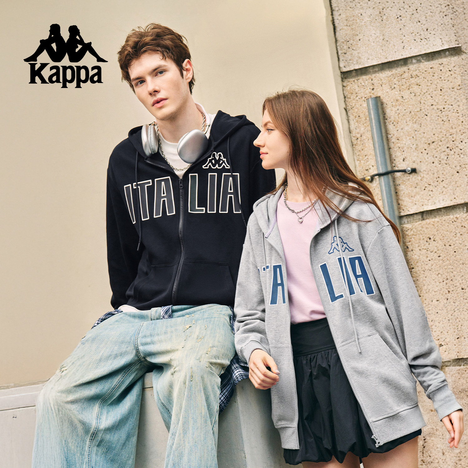 Kappa卡帕运动外套男秋季新款美式复古针织情侣宽松连帽卫衣女款