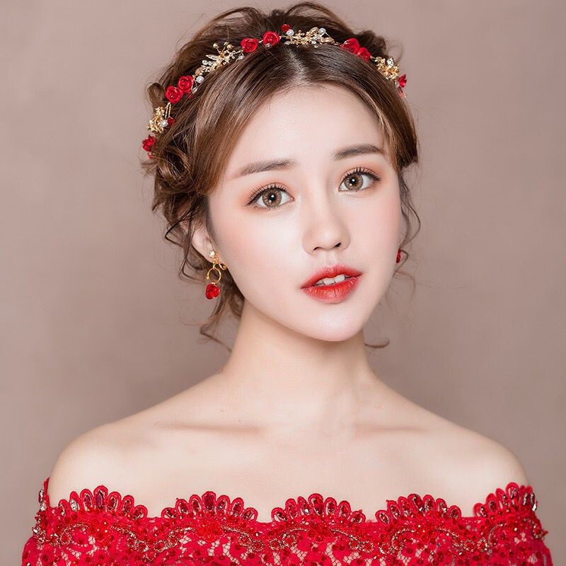 新娘敬酒服头饰红色中式秀禾发饰简单大气婚纱配饰超仙美发带结婚