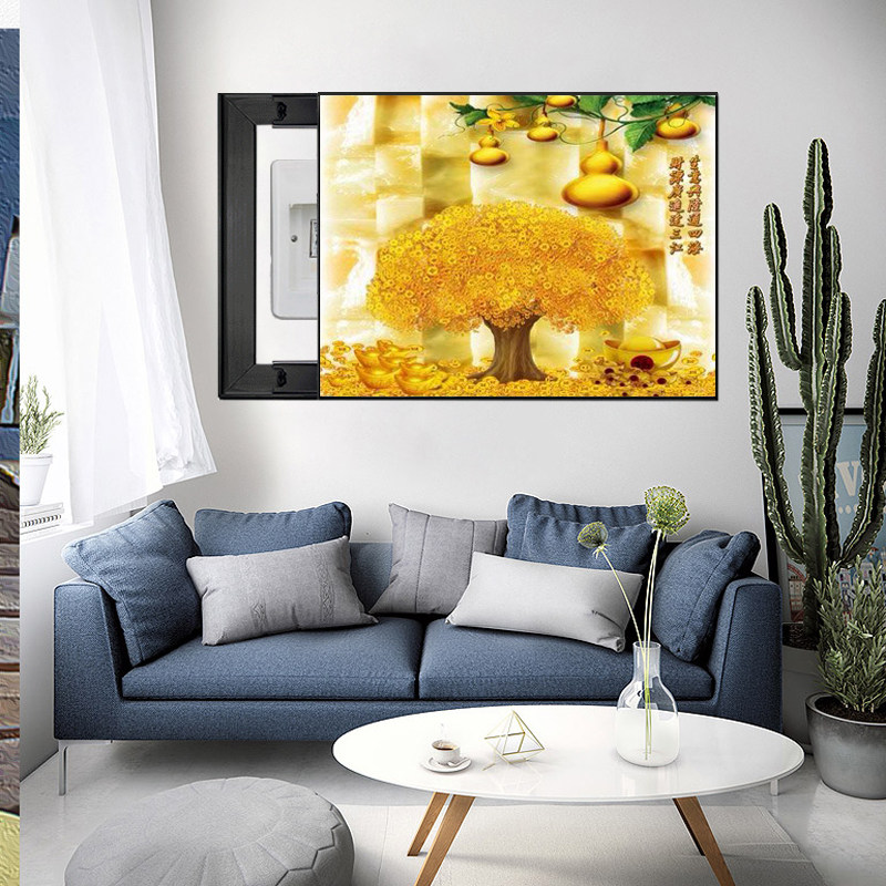 布纹膜电表箱装饰画五福临门遮挡箱推拉式发财树表箱画葫芦九鱼图