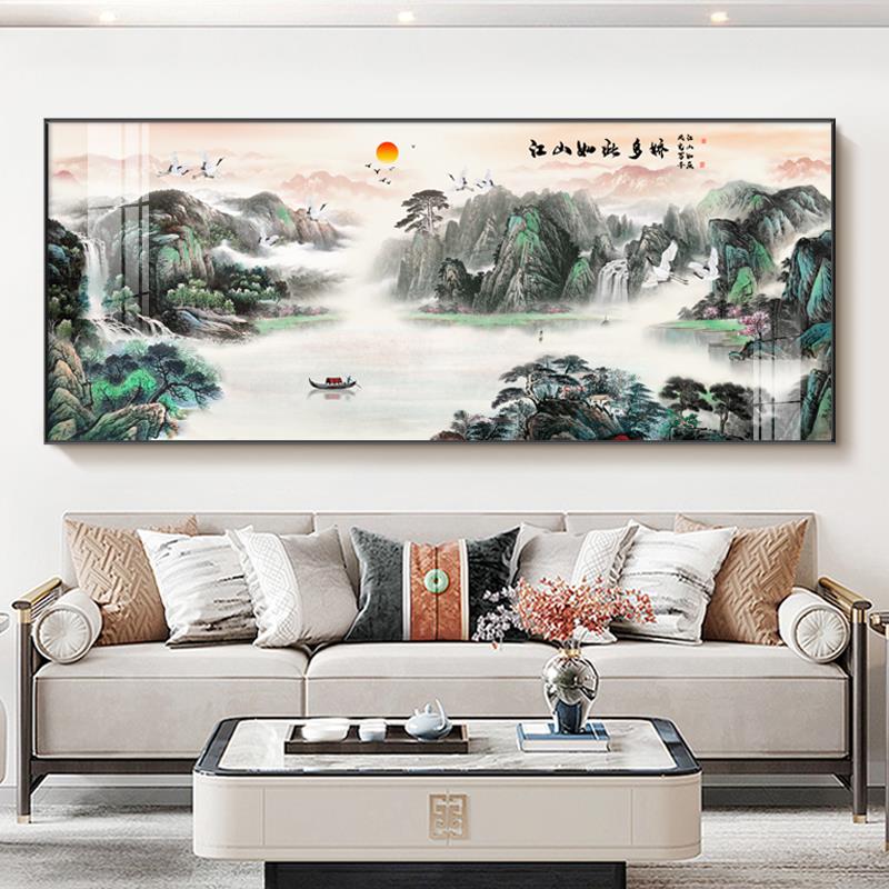流水生财客厅装饰画沙发背景墙横幅办公室新中式山水挂画晶瓷壁画