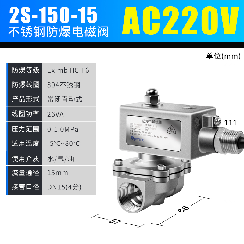 新品CT6不锈钢防爆电磁阀水阀瓦斯阀天然E气开关阀4/6分/1寸AC220