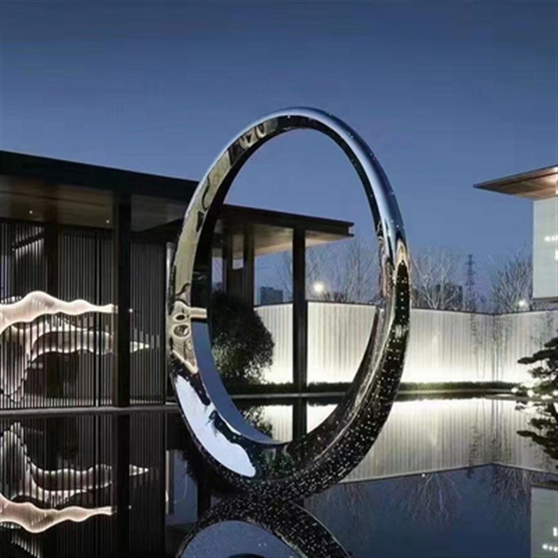 不锈钢镜面月亮圆环雕塑售楼处水景园林景观小品镂空发光摆件定制