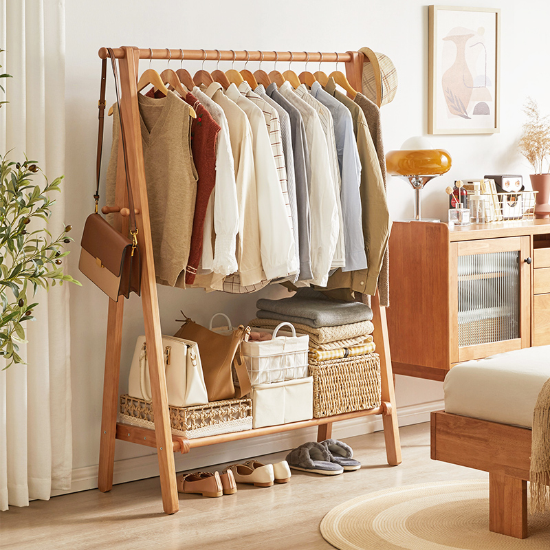衣帽架实木衣架樱桃木色落地卧室折叠晾衣架家用挂衣架放衣服架子