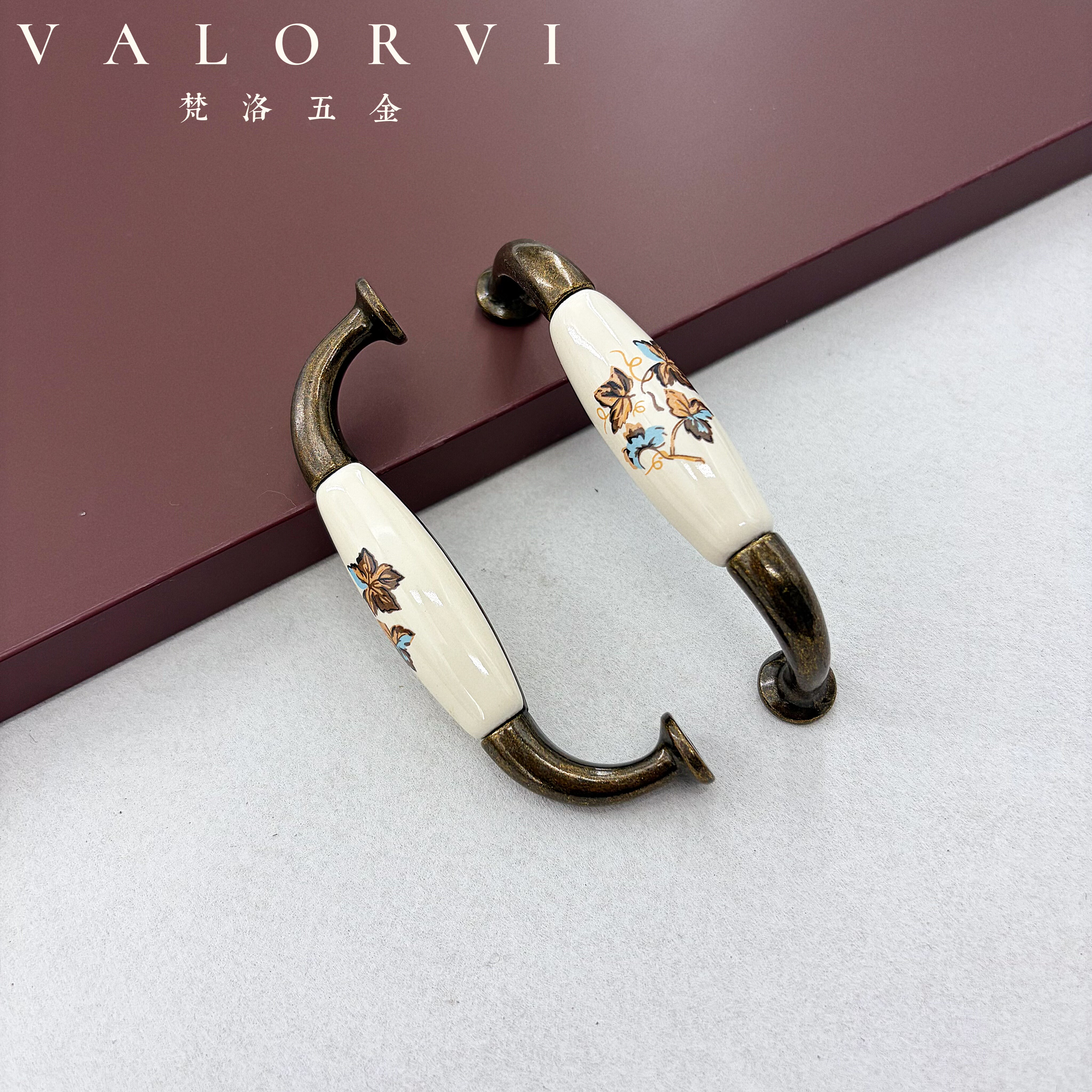 梵洛VALORVI美式田园风衣柜门拉手中式橱柜子陶瓷仿古铜门把手