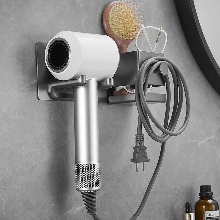 直销新款枪灰色免打孔吹风机支架加厚不锈钢浴室收纳架壁挂式卫生