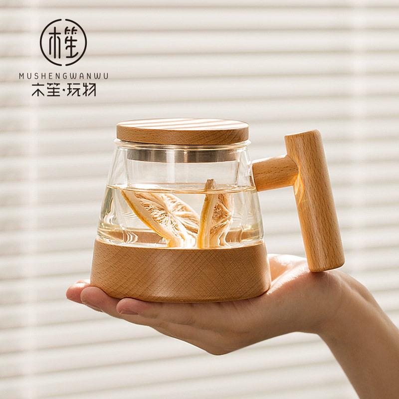 新款直销木笙玩物过滤泡茶杯茶水分离加厚耐热玻璃杯公室创意木把
