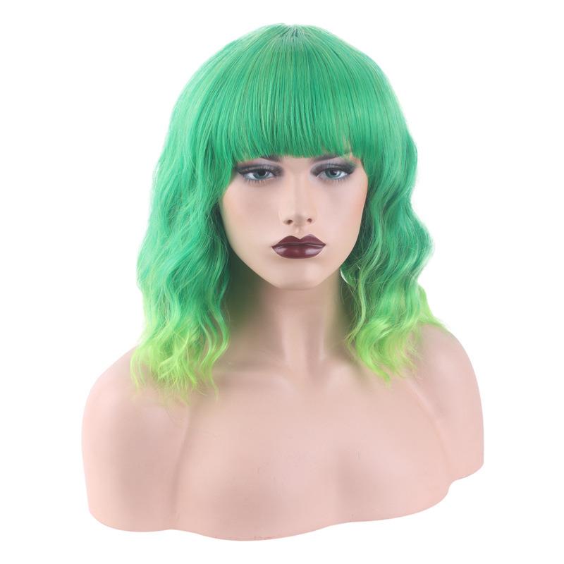 直销新款欧美时尚齐刘海短卷发多色渐变香芋色短卷玉米烫波波头假