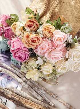 直销新款玫瑰花束花墙家居装饰婚庆手捧花假花跨境MW55504