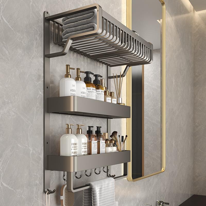 直销新款卫生间置物架浴室厕所网篮毛巾架子免打孔洗澡间浴巾架三