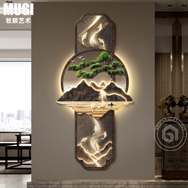 双层立体新中式入户玄关装饰画正对门九鱼图走廊过道尽头挂画图片