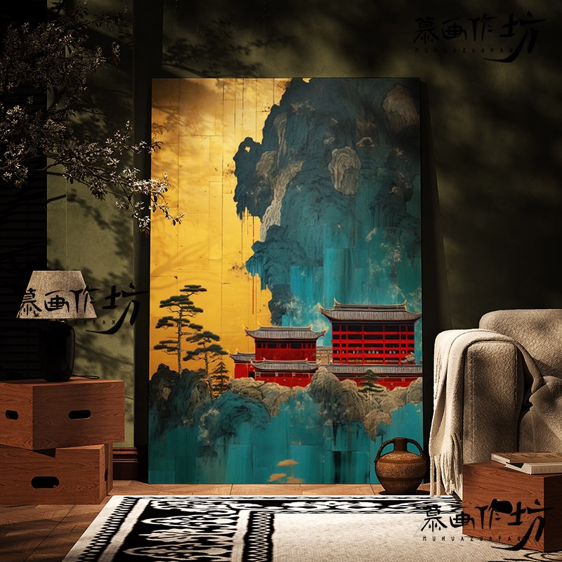 慕画【手绘漆画】鎏金建筑图装饰画客厅书房挂画玄关走廊墙壁壁画图片