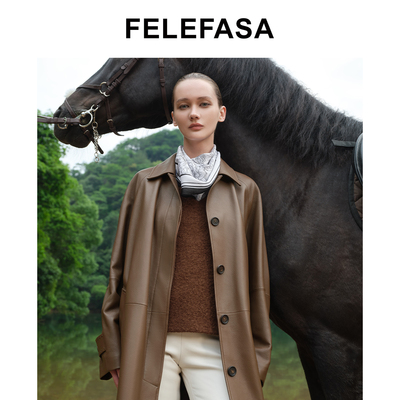 FELEFASA斐梵萨秋女装 Bonaudo鹿皮长款翻领风衣皮衣外套