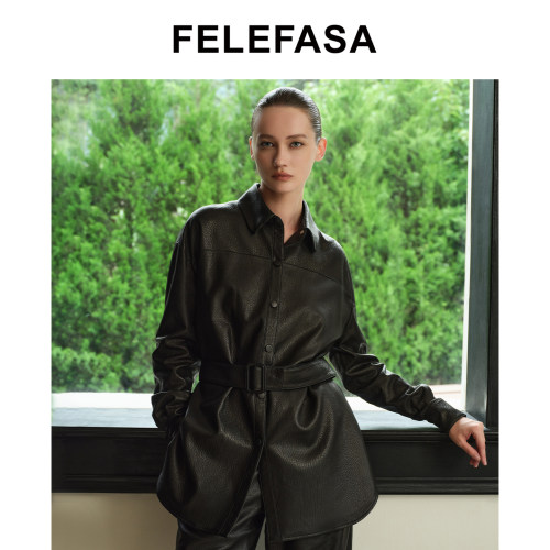 FELEFASA斐梵萨秋女装 Bonaudo羊皮中长款收腰系带衬衫皮衣外套