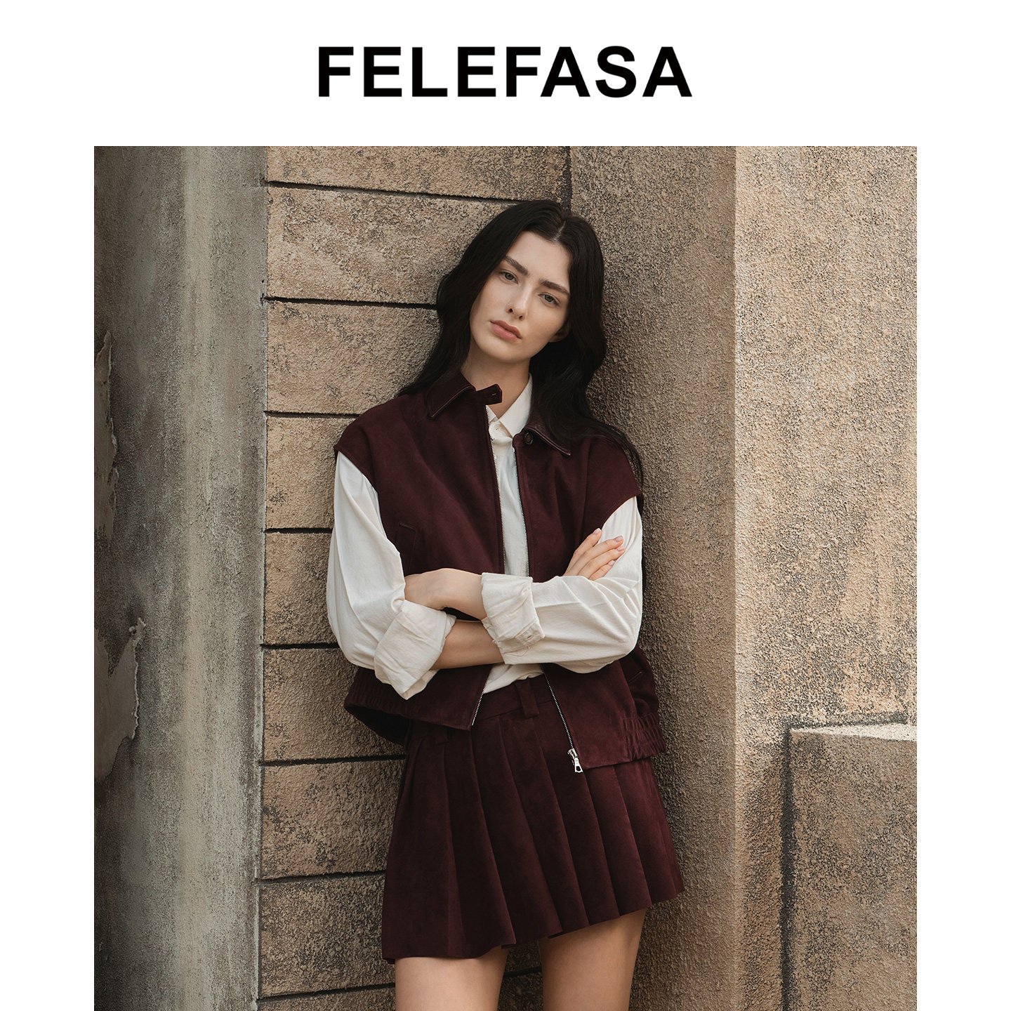 FELEFASA斐梵萨女装 26秋新款进口羊皮翻领束腰马甲皮衣外套