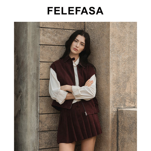 FELEFASA羊皮翻领束腰马甲外套