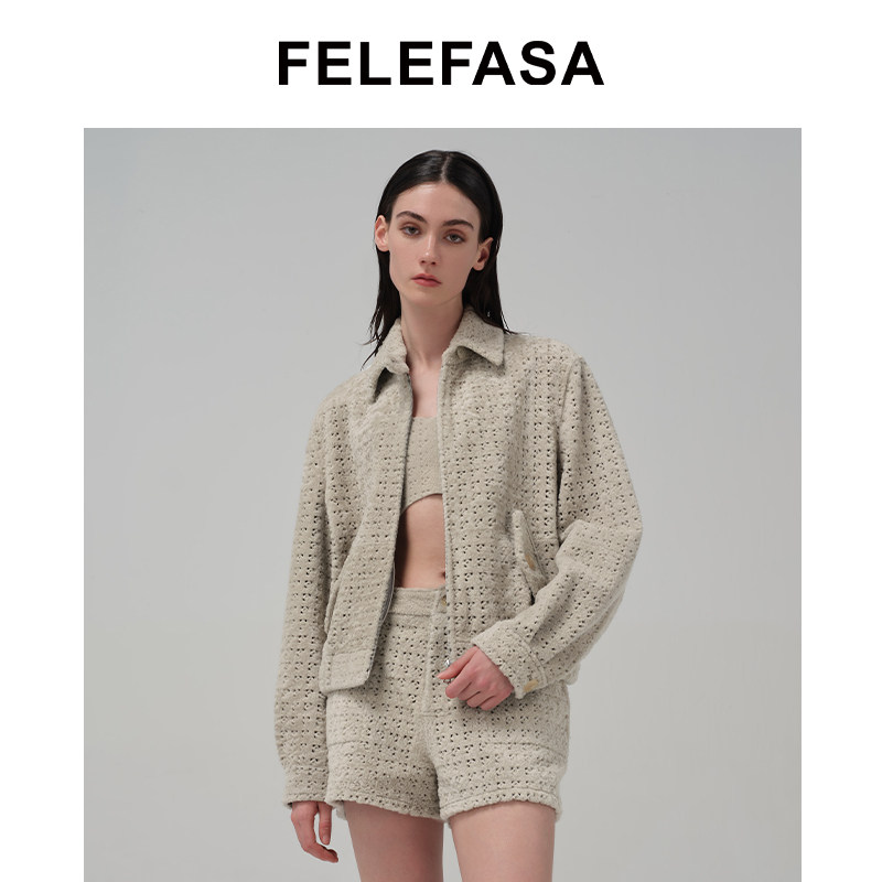 FELEFASA斐梵萨26春女装 拉贡Lacon皮毛一体镂空翻领束腰夹克外套
