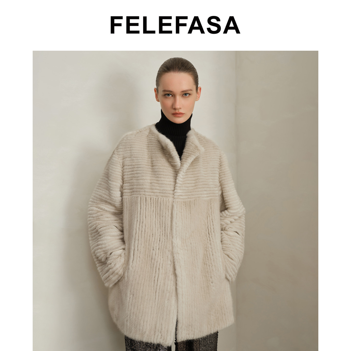 FELEFASA斐梵萨秋女装 哥本哈根本色水貂开领皮草外套