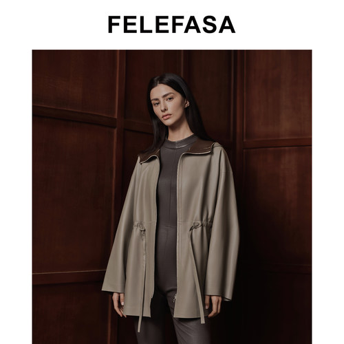FELEFASA斐梵萨女装 26秋新女士进口羊皮中长款宽松连帽皮衣外套