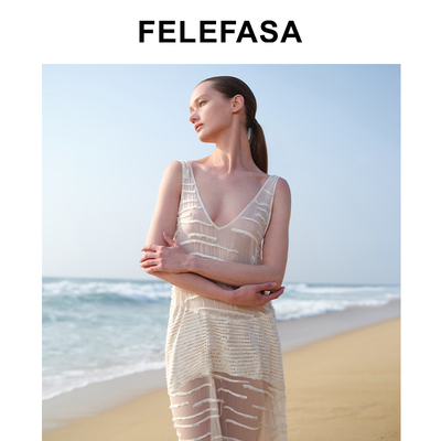 FELEFASA斐梵萨26夏女装 真丝拼斯瓦卡拉长款吊带连衣裙