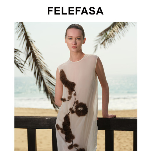 FELEFASA斐梵萨26夏女装 手缝水貂绣花真丝连衣裙
