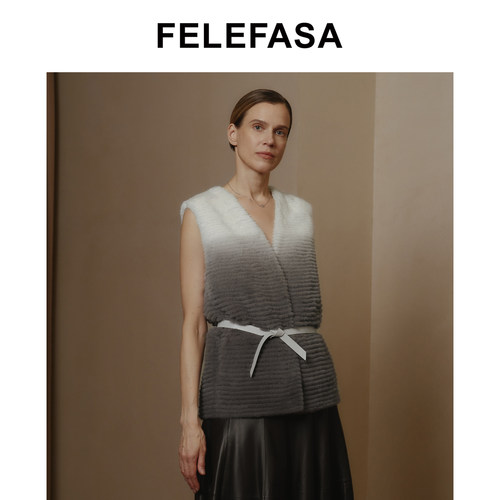 FELEFASA斐梵萨冬女装 哥本哈根渐变水貂系带皮草马甲外套