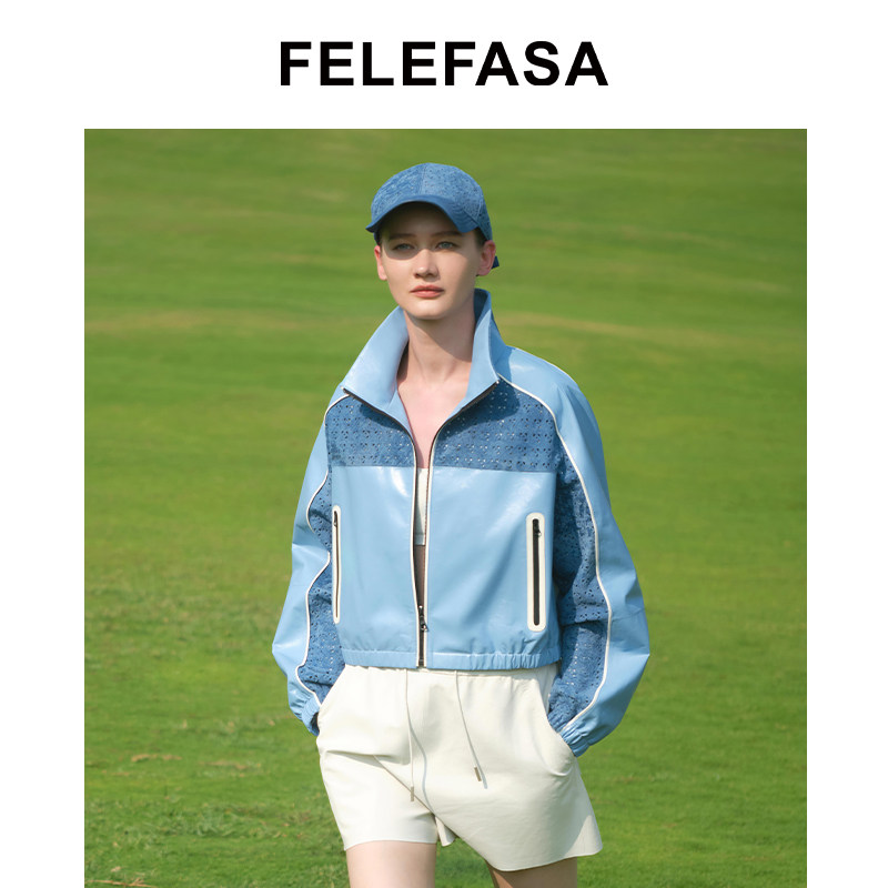 FELEFASA斐梵萨26夏新牛皮拼接皮毛一体镂空立领夹克女户外穿搭